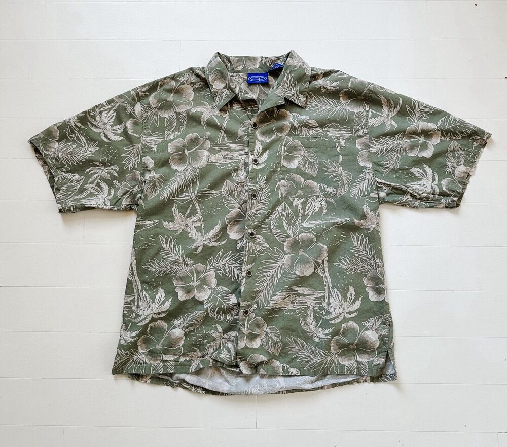 Vtg OP Ocean Pacific Hawaiian Camp Shirt Mens XL Sea Green Floral Button Up Y2K